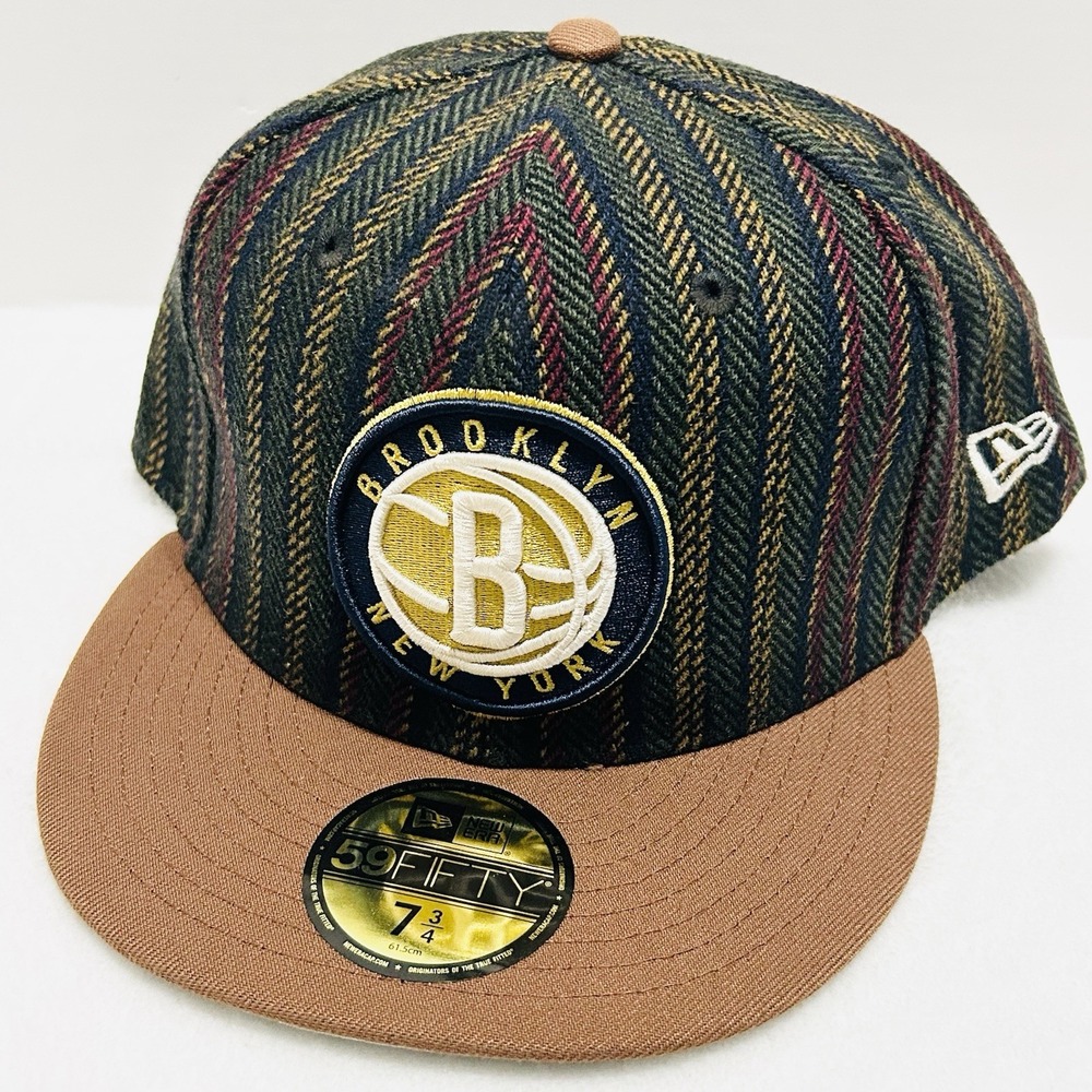 New Era Brooklyn Nets Logo Herringbone 59FIFTY Fitted Hat Cap 7 3/4 Brown NBA